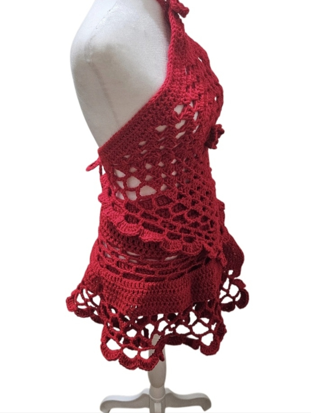 HAND CRAFTED Open-Knit Red Crochet Shrug Sweater 5-way Acrylic Summer Piece - Picture 13 of 16